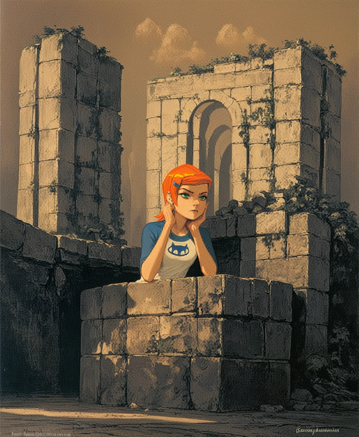 <lora:maxime-lalanne_pony_v1:1> ' 1girl ' by LalanneMaxime in 1860 ,landscape \(genre\),Realism \(style\), (Gwen Tennyson from Ben 10 sitting on a stone block:1.1), Holy places, arch, score_9, score_6_up, score_7_up