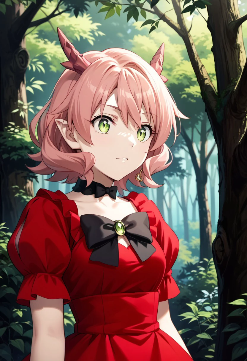 score_9,score_8_up,score_7_up,source_anime,FAFNIR_GUILDMELAG_LINDA_BLAIR_HANAKO,1girl,solo,dress,bow,upper body,short sleeves,choker,puffy sleeves,bowtie,puffy short sleeves,tree,black bow,red dress,nature,forest,black bowtie,