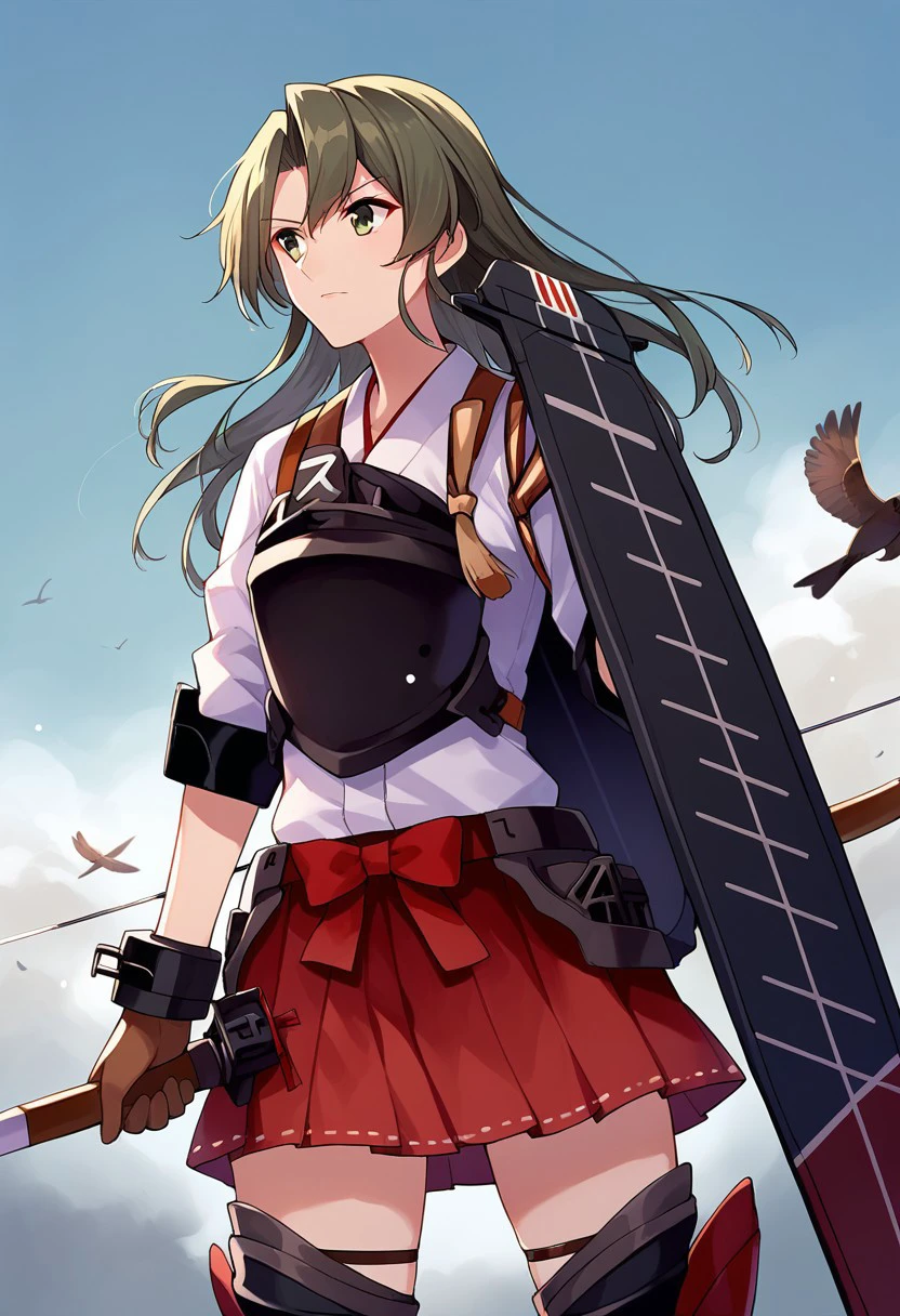 score_9, score_8, score_7, source_anime, zuikaku (kancolle), gloves, bow (weapon), boots, thigh boots, red skirt, upper body, standing, flight deck, black thighhighs