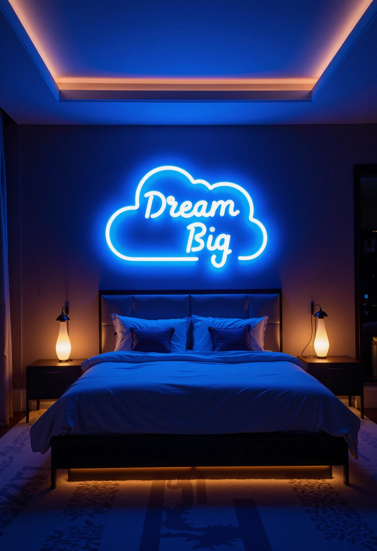 A master bedroom with a blue nnsgn neon sign in the shape of a cloud with the text "Dream Big", luxurious mansion, wealthy, expensive materials, pure opulence, the lighting is vivid and the image is shot by a professional photographer. The overall image has an impressive and dramatic feeling to it, perfect composition