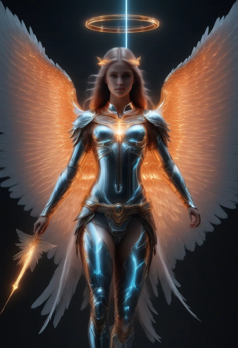 ultra realistic image with high resolution and stable focus correct and accurate anatomy, perfect detail of neon divine angel, sense of divinity, beauty, humility, wings, halo,