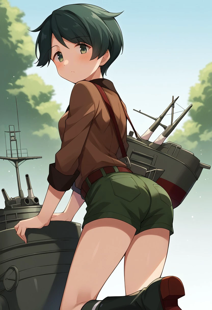 score_9, score_8, score_7, source_anime, mogami (kancolle), looking back, brown shirt, cannon, boots, outdoors, small breasts, shorts