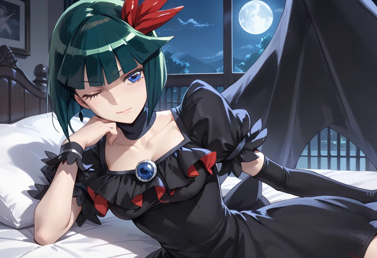 score_9, score_8_up, score_7_up ,indoor,at room,,lying on bed, 1 female,night view, moonlight,darkprecure, head accessory, green hair, short hair, one eyes closed,blue eyes, detailed eyes, right hand black long gloves, one winged,black dress , stocking ,single hand white wrist band,leg