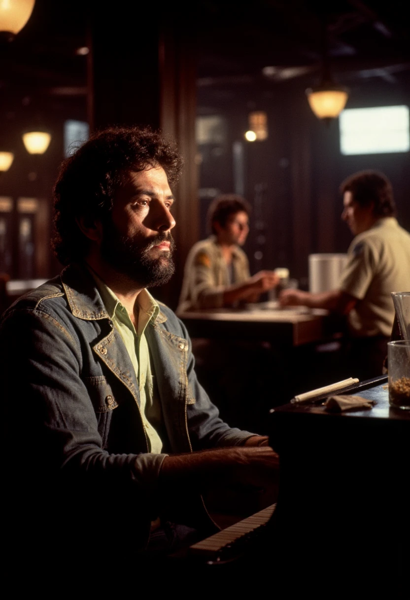 Retro romance film screengrab.

In a dimly lit bar a man wearing a trench coat with a large beard plays piano. Atop the piano is a small tip jar with a few paper dollars in it.

The background shows a bar tender standing at the bar, serving people drinks as they watch the pianist perform. 

The pianist is an attractive man with curly hair and a denim jacket. Beautiful Cinematic Scene.