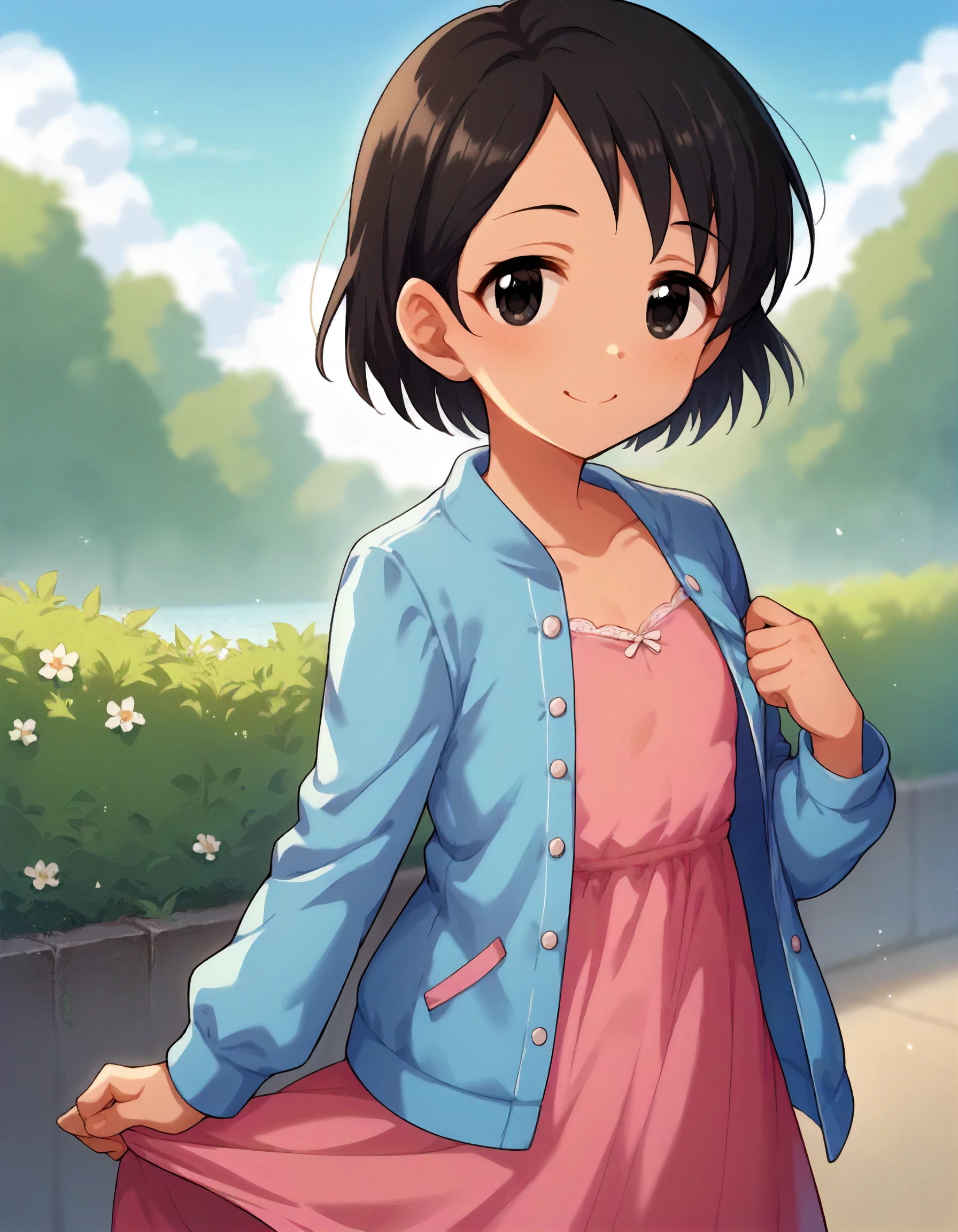 score_9,score_8_up,score_7_up,1girl,solo,cowboy shot,smile,looking at viewer,outdoors,
<lora:sasakichie_ponyXLV6:0.8>,cgsce,
black hair,short hair,black eyes,flat chest,
blue jacket,pink dress,long sleeves,open clothes