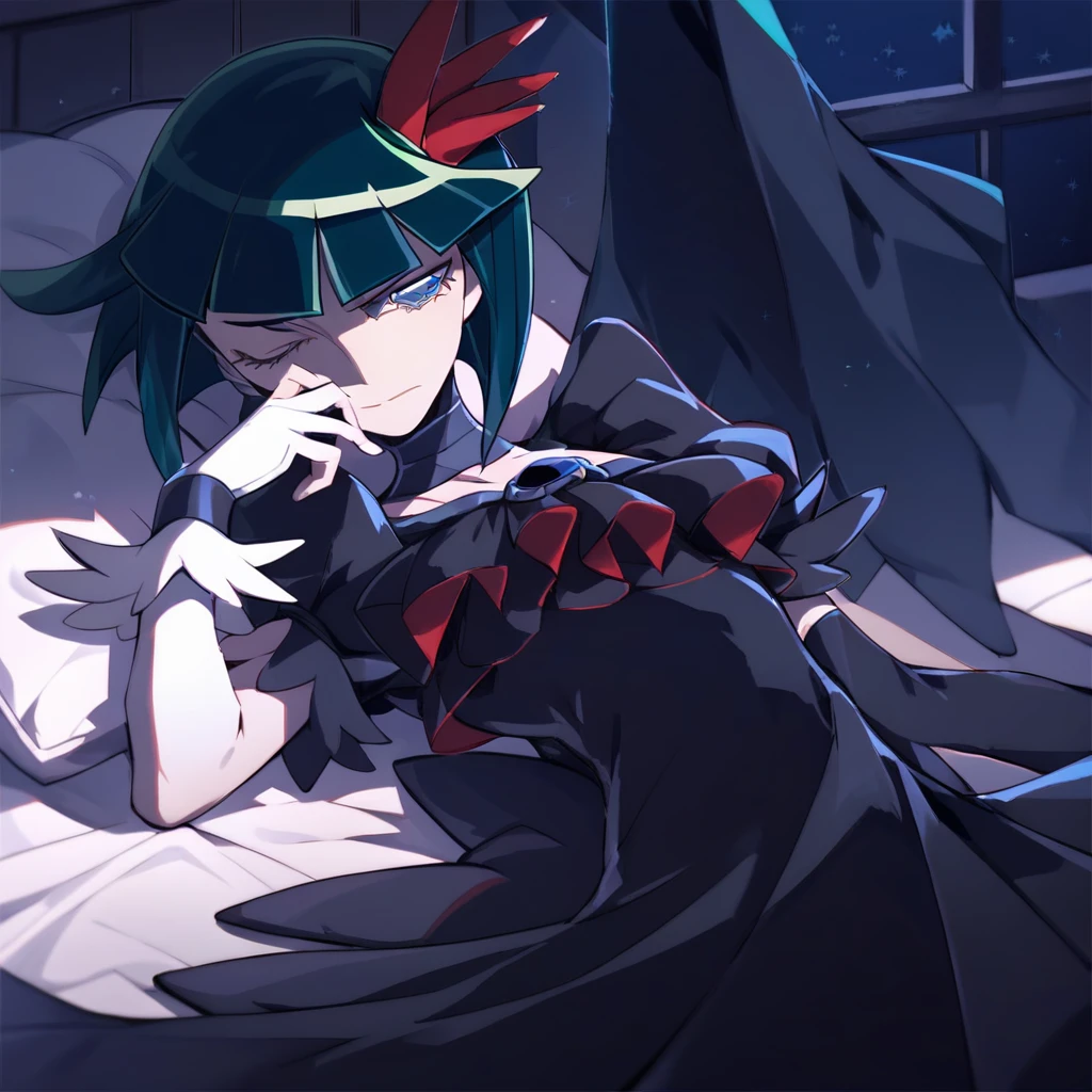 score_9, score_8_up, score_7_up ,indoor,at room,,lying on bed, 1 female,night view, moonlight,darkprecure, head accessory, green hair, short hair, one eyes closed,blue eyes, detailed eyes, right hand black long gloves, one winged,black dress , stocking ,white wrist band,leg