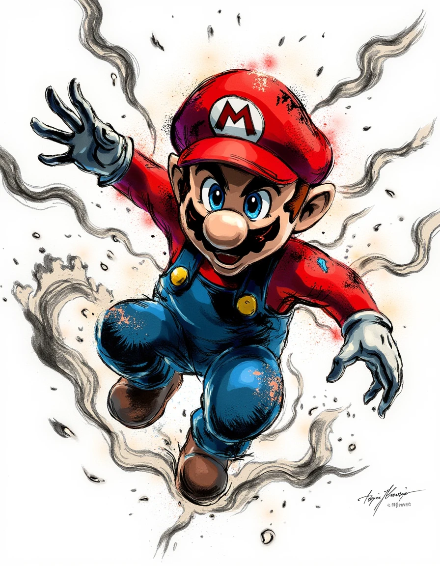 In a strikingly detailed digital drawing inspired by the unique style of Yoji Shinkawa, the iconic character Mario leaps energetically from the canvas, his exaggerated pose conveying a sense of exhilarating motion. The artwork envelops him in dynamic brushstrokes that swirl around his figure, varying in thickness to create a vivid sense of speed and action. Mario’s bright red cap and blue overalls stand out against a predominantly monochromatic background, where fluid, rough lines evoke an organic feel, laden with character.

The scene is pulsing with life, the interplay of high contrast emphasizing the outlines of Mario’s form—his face, expressive with determination, is rendered with suggestive, minimal features that invite viewer interpretation, while the intense gaze in his wide eyes captures a moment of fierce focus. Even the texture of his clothing is palpable; the fabric appears slightly tattered, hinting at countless adventures.

Surrounding Mario, the background is a chaotic yet controlled blend of hatching and textures that creates a sense of depth. Shadows recoil into the negative spaces, amplifying the effect of light as it highlights Mario’s vibrant colors. Wisps of swirling lines and playful accents twist in harmony, crafting a balancing act of visual chaos that guides the viewer’s eye across the scene, embodying the exuberance of Mario’s character in a world reminiscent of his animated escapades. The overall atmosphere is electric and engages viewers, transporting them into a realm where every brushstroke tells a story of adventure and resilience.