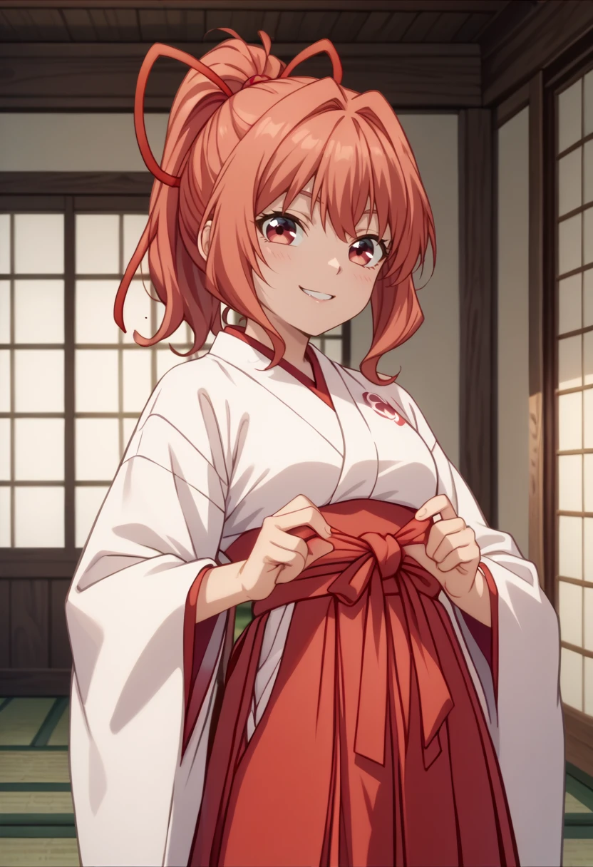 score_9, score_8_up,
1girl,  <lora:AmagamiYuna_Amagamisan_PDXL:0.8>, amagamiyuna, ponytail, red ribbon, hair ribbon,
japanese clothes, miko, hakama skirt, red hakama, white kimono, wide sleeves,
indoors, slight smile