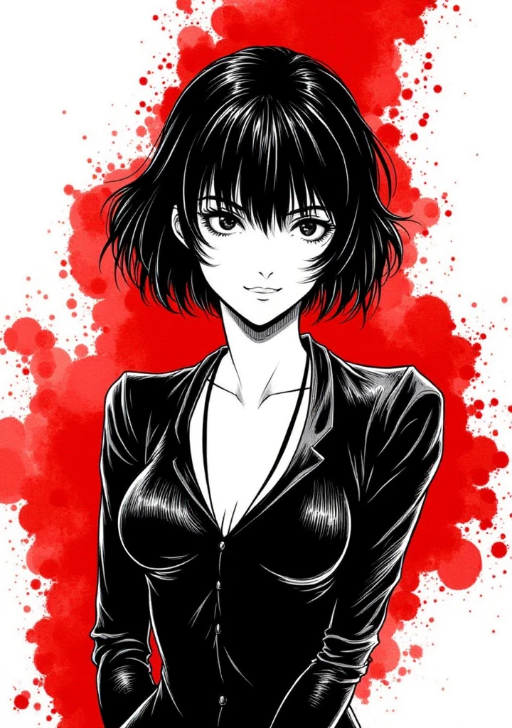 inksplat, full body ink manga drawing of a beautiful woman with a subtle smile, elegant clothes, __hair-female__, black hair, gothic, red and black, dynamic, line of action, rim light, detailed, masterpiece, dynamic ink strokes and splats in the background.