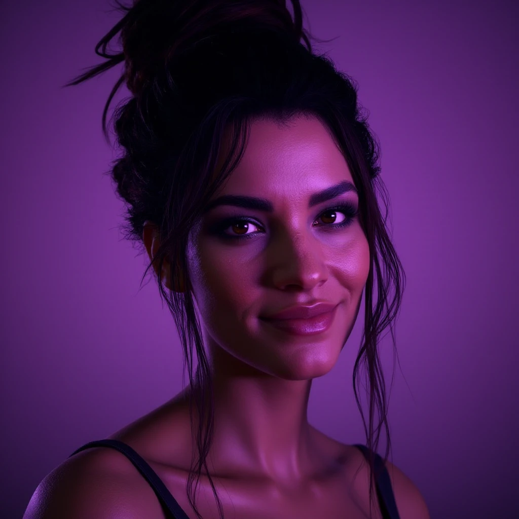 <lora:panam-palmer-v1:1>
portrait of panam_palmer smiling at the camera. She is lit by purple and violet light.