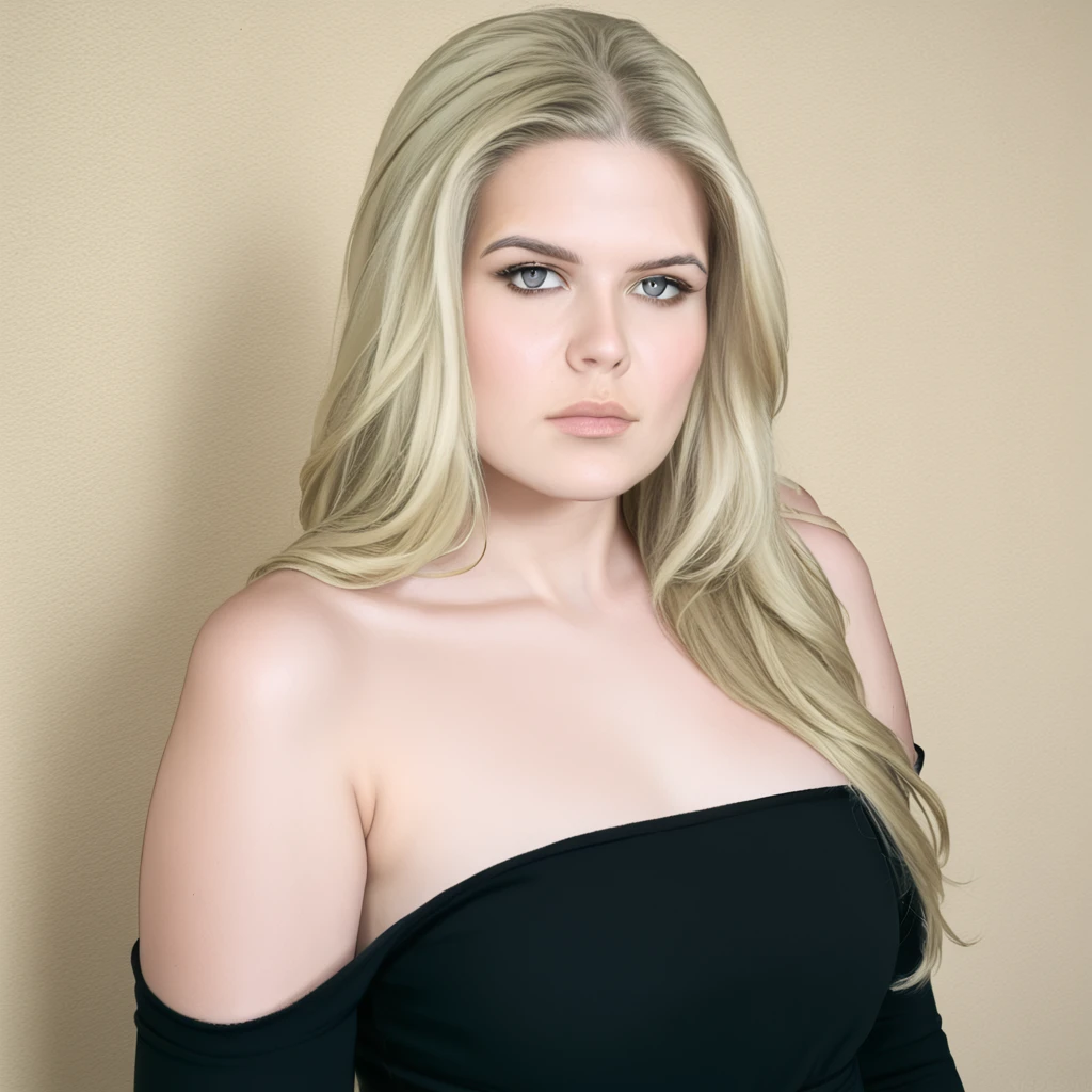 <lora:Pony_-_Erica_Lindbeck_r2:1>, lindb3ck, 1girl, solo, blonde hair, realistic, long hair, looking at viewer, lips, bare shoulders, off shoulder, dress, upper body, closed mouth, black dress, grey eyes, plump