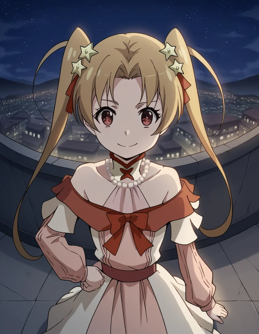 score_9, score_8_up, score_7_up, source_anime, <lora:sherry-tueli-s2-ponyxl-lora-nochekaiser:1>, sherry tueli, long hair, brown hair, hair ornament, twintails, brown eyes, star (symbol), star ornament,, dress, bare shoulders, jewelry, necklace, frills, long sleeves,, city skyline, rooftop view, night time, city lights, quiet reflection, smile, , smug, hand on hips,, solo,, cowboy shot, dutch angle