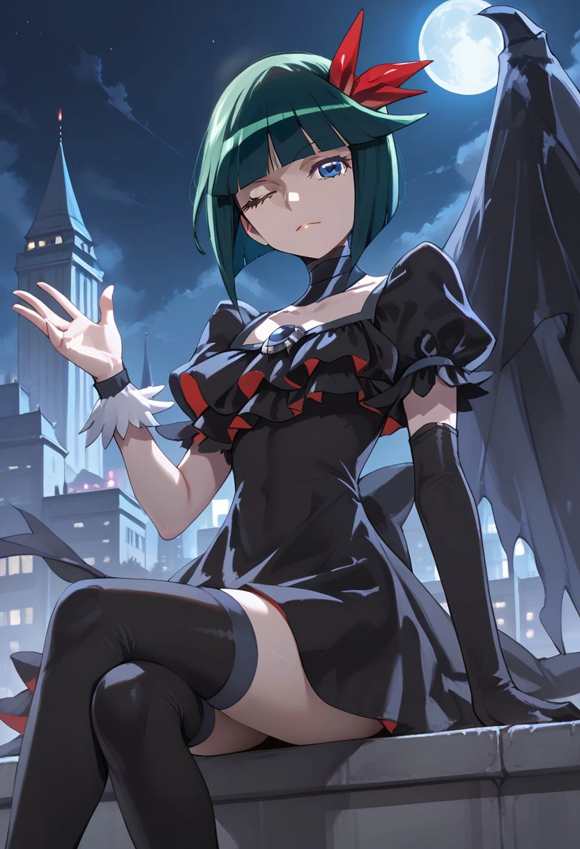 score_9, score_8_up, score_7_up,1 female,city view, 1 female,night view, moonlight,darkprecure, head accessory, green hair, short hair, one eyes closed,blue eyes, detailed eyes, right hand black long gloves, one winged,black dress , stocking ,single hand white wrist band,sitting,boots