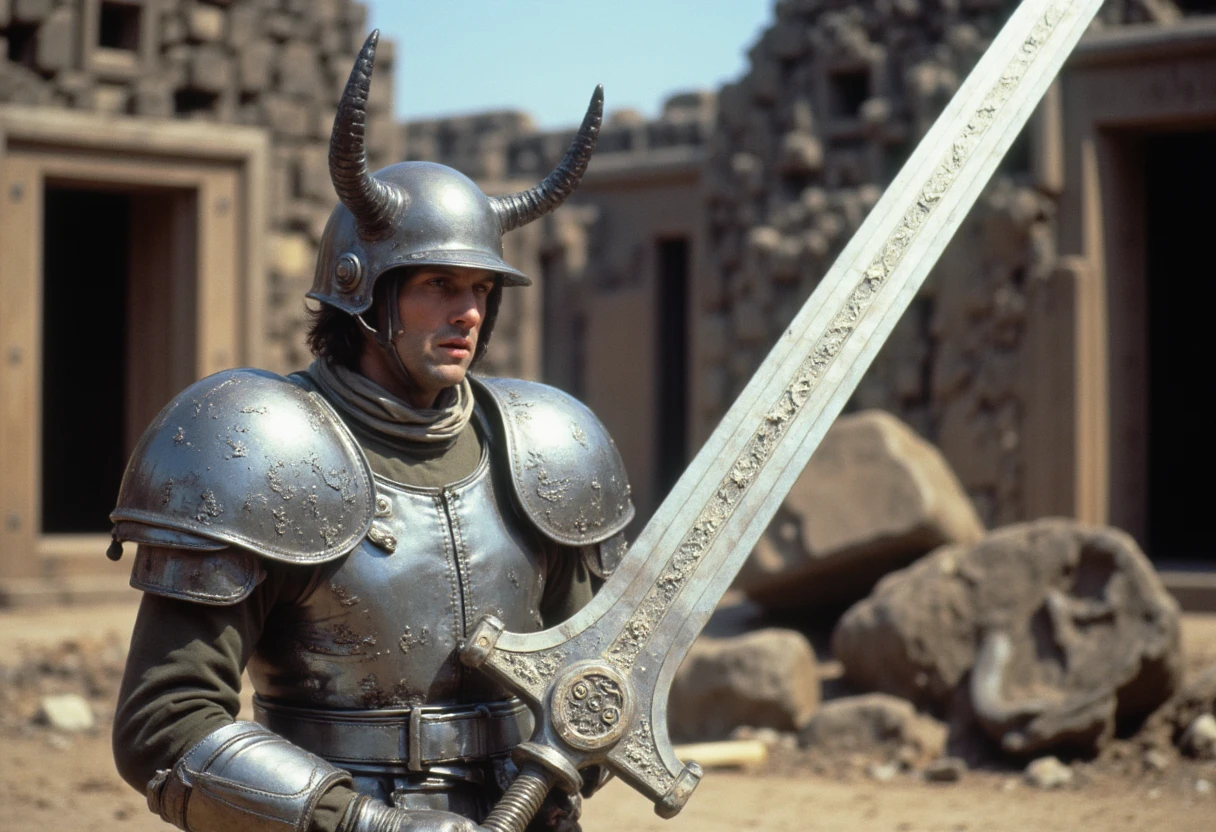 Retro Classical film screengrab. A soldier wearing chrome shiny silver armor with ornate etchings stands in the destroyed ancient stone ruins. The stones are cracked and broken apart. The soldier holds a white metalic sword that is very large with ornate etchings. The armor has a distinct shine which causes a lens flare. The man's helmet has large devil horns.