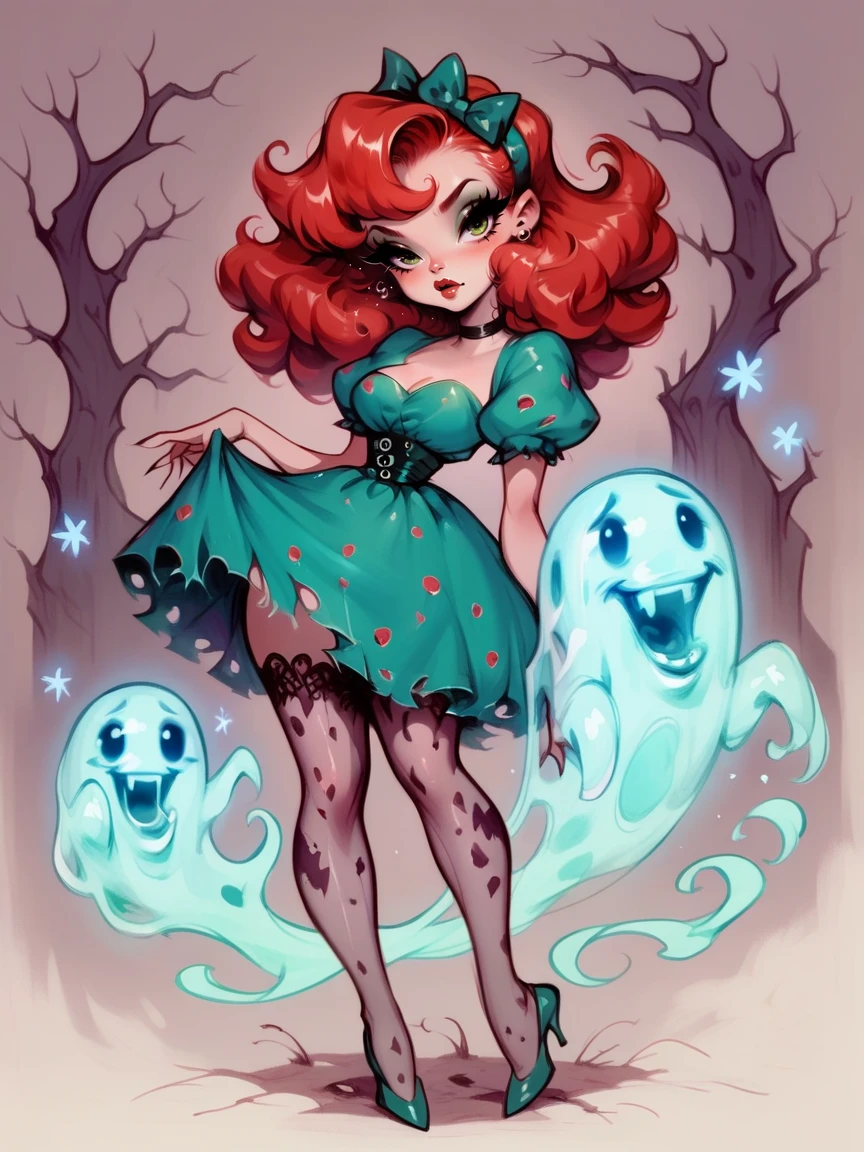 score_9, score_8_up, score_7_up, score_6_up, score_5_up,  <lora:K33N3RXLP:1> k33n3r, 1girl, solo, red hair, green dress, ghost