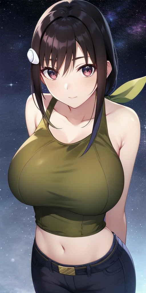 <lora:mayoi_hachikujiV4:0.7> mayoi_hachikuji_low_ponytail, huge_breasts, standing, solo, arms_behind_back, starry_sky,  yellow_tank_top_midriff_belt_pants, green_hair_ribbon, hairclip, masterpiece, best_quality, detailed_face, detailed_eyes, highres, beautiful, detailed, absurdres,