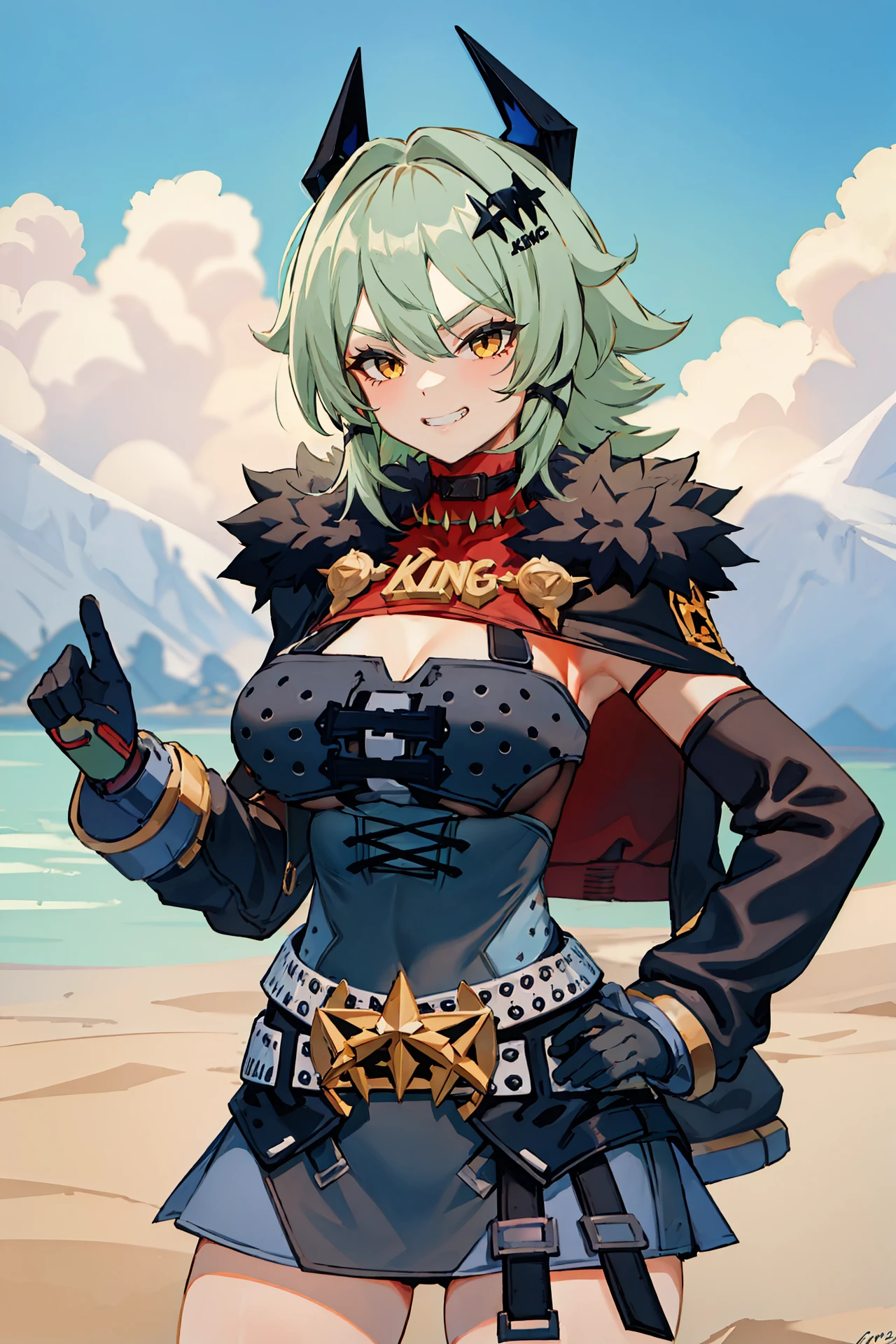 1girl, caesar king \(zenless zone zero\), horns, x hair ornament, hairclip, turtleneck sweater, mechanical arms, pencil dress, fur-trimmed jacket, arm out of sleevecowboy shot, standing, grin, v-shaped eyebrows, looking at viewer, hand on hip, outdoors, desert