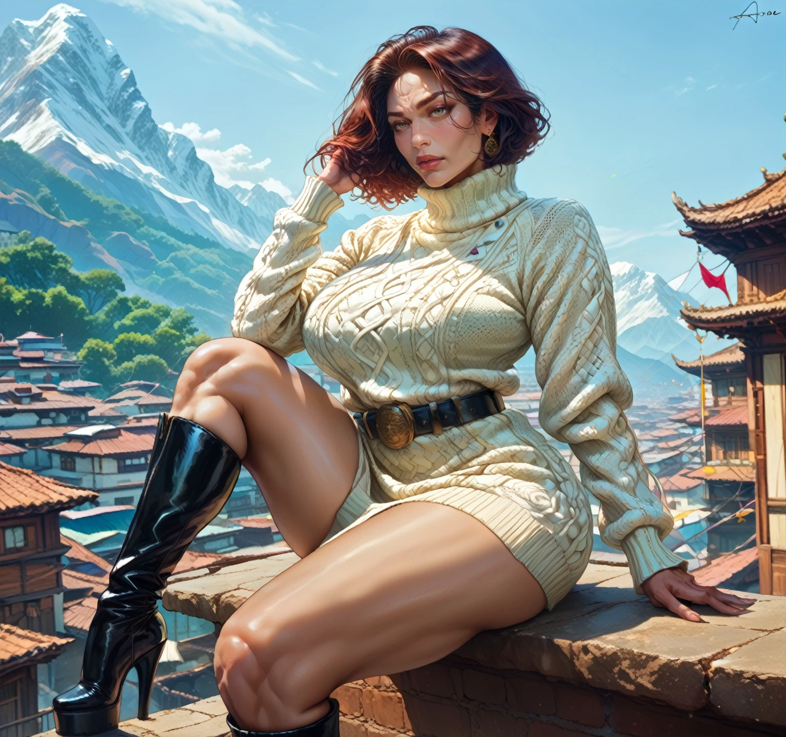 score_9, score_8_up, score_7_up,1girl, araneesama, sweatermilf, large breasts, wide hips, aran sweater, belt, high heel boots, jewelry, sitting on a rooftop pavillion,  detailed background, <lora:Pony_DetailV2.0:1> <lora:Erin_Hanson_r1:0.5>, <lora:SweaterMilf:0.85> <lora:DevilHSLycoXL:0.8> <lora:PulenKompot-Araneesama Style-PonyXL:0.55>