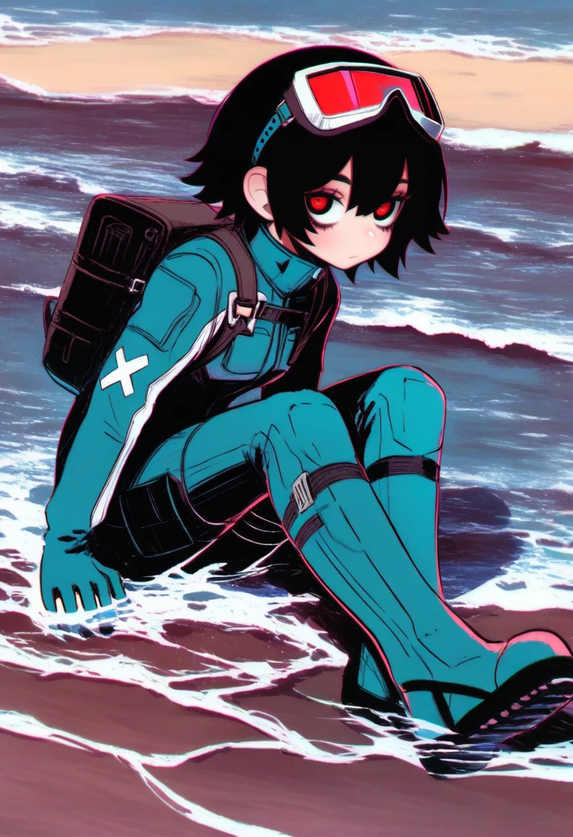 Naga U, (Quasarcake:0.3), ilya_kuvshinov, (J.K.:1.2), 1girl, green-diving-suit, goggles on head, brunette, brown-eyes, beach, sitting, on-rock, tide, long-hair,
absurdres, highly-detailed, best quality, masterpiece, very aesthetic,