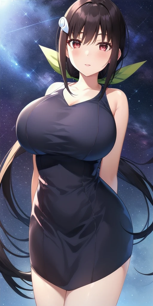 <lora:mayoi_hachikujiV4:0.7> mayoi_hachikuji_low_ponytail, huge_breasts, standing, solo, arms_behind_back, starry_sky,  pencil_dress, green_hair_ribbon, hairclip, masterpiece, best_quality, detailed_face, detailed_eyes, highres, beautiful, detailed, absurdres,