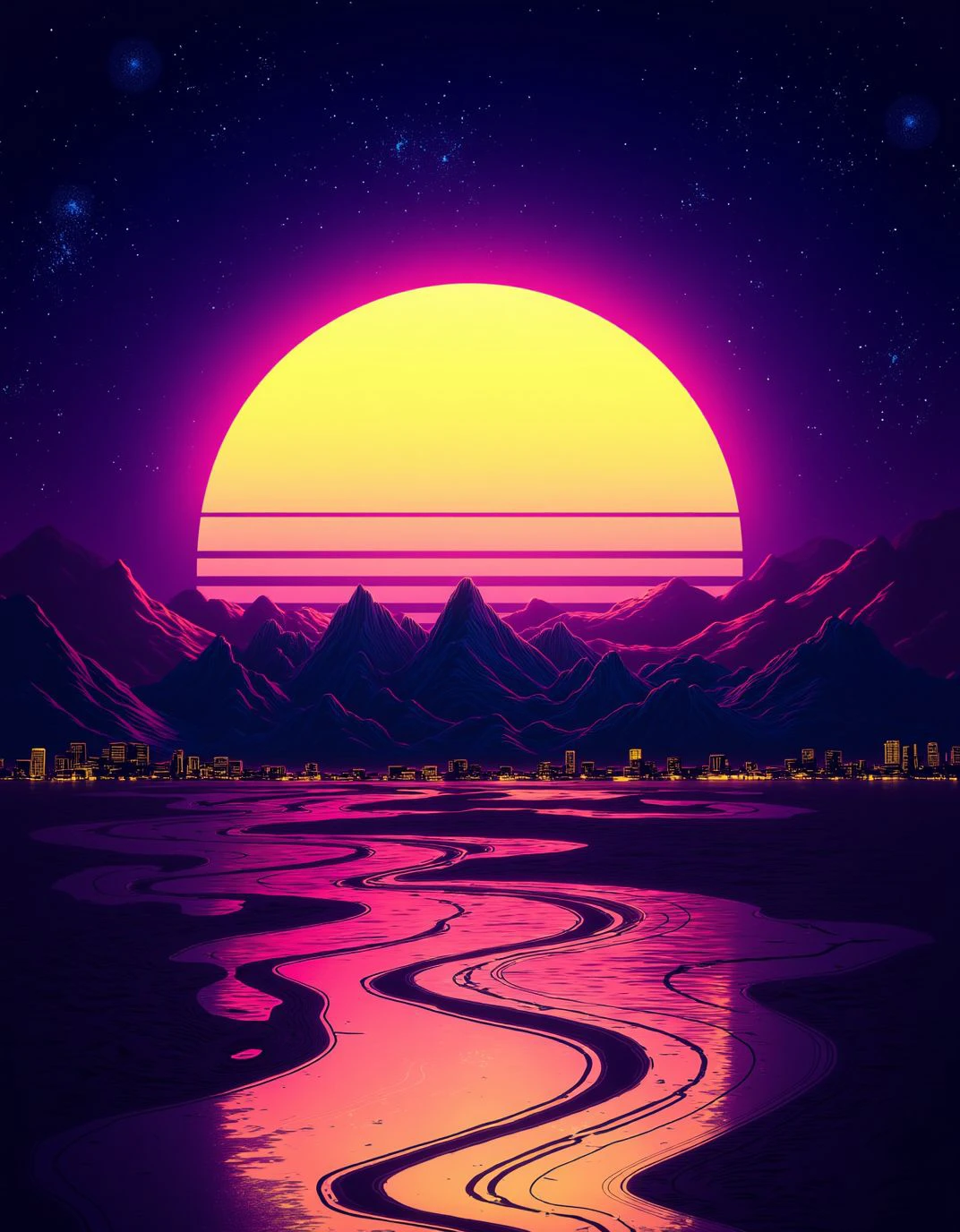<lora:ck-Neon-Retrowave:1>, ck-nw, in the style of ck-nw, a scenery of a city, sundown, sun and mountains in background at a stary night