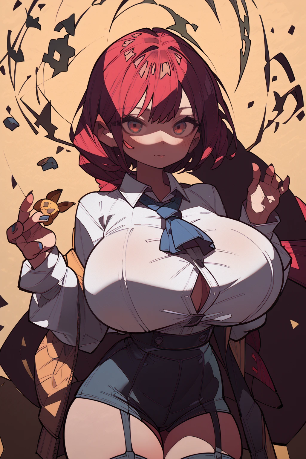 A hot Woman, milf, busty with thick thighs and big boobs, detailed eyes, red eyes, black tear strains, beautiful eyes, long white hair with white nails, red lips, milf body, thicc, soft lightning, several red stains around body and red markings about body, extra wiggly appendages, wearing large royal dress robe, puffy robe, white tentacles with red stains, covered in sweat, ghast humanized, female face, award winning, 4k, 8k, high quality, top quality, masterpiece, plump girl, fine beautiful skin, looking at viewer, HD, plump breasts ((Cleavage is so tempting)), angry and calm at the same time, Ur-Ghast from Orespawn
