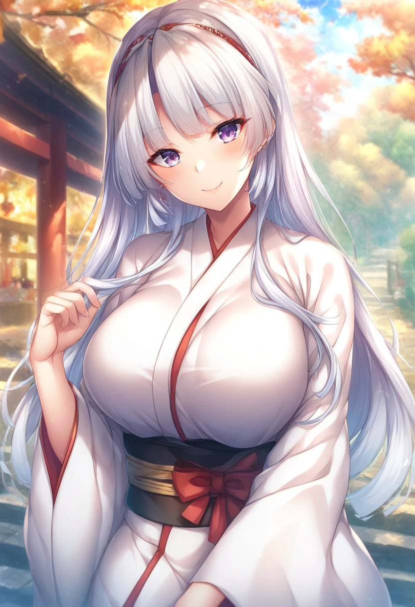 ((highest quality、High resolution、8K、masterpiece:1.3))、dynamic angle、wallpaper、1 girl、unparalleled beauty、ultimate beauty、super detailed face、delicate eyes、smile shyly、sexy look、Depth of bounds written、light particles、side light、ponytail、silver hair、(shrine maiden、shrine maiden服、shrine maiden装束、white kimono、red hakama)、(Lifting the skirt with both hands)、((She shyly lifts up her skirt and shows her white panties.))、(Fluffy kimono、emphasize the chest）、big breasts、cleavage、thighs、slim、slender、Old castle at night