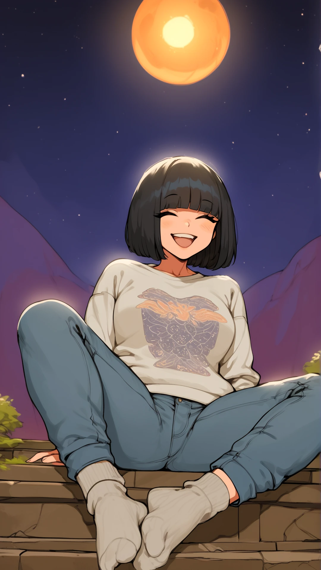 zPDXL3, score_9, score_8, score_7_up, full body, perfect feet, 

 laugh, happy, euphoria
, 


black hair ,

 short hair ,

1girl, adult girl, slim, slender,  


tight jeans ,

 sweet sweatshirt ,

 small tits, milf 
,

 oversized socks ,




 
sitting, spread legs ,

 
Intergalactic temple, cosmic energy, rotating celestial bodies, alien priests , (cozy lighting, warm lighting):7, 