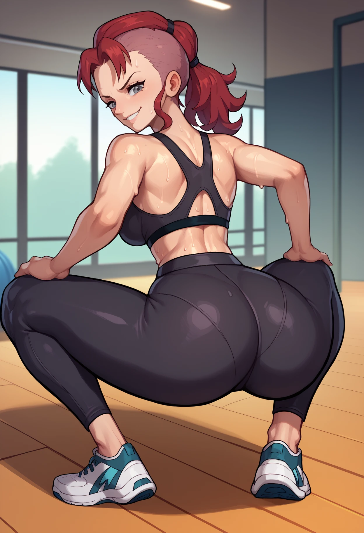 score_9, score_8_up, score_7_up, <break> from behind, solo, 1girl, bellemere, sweat, smirk, looking back, squatting, spread legs, red hair, ponytail, mohawk, grey eyes, black sports bra, black pants, yoga pants, tight pants, sneakers, indoors, gym
<segment:yolo-face_yolov8m.pt,0.4,0.5//cid=1>