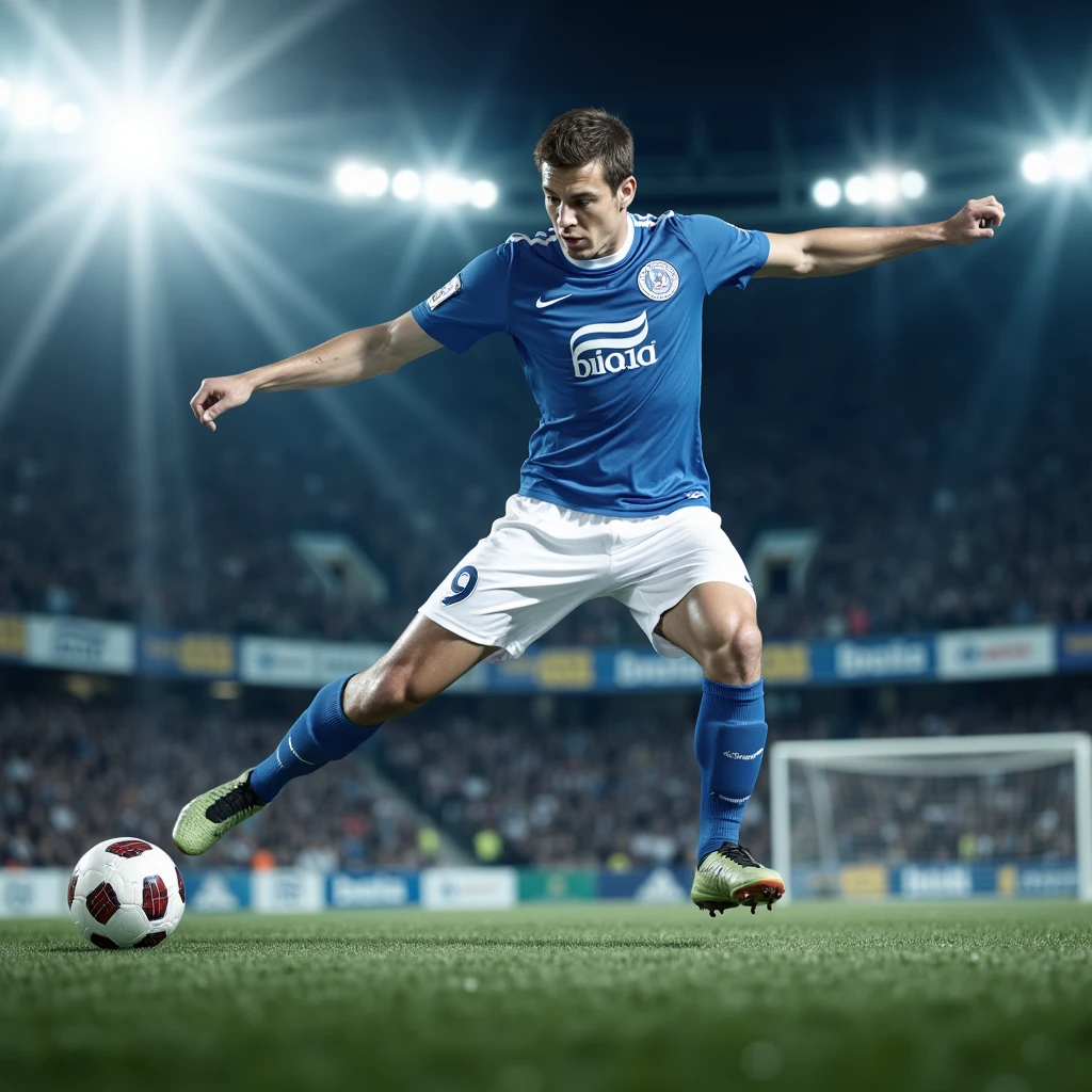 sports_photography, This is a high-resolution photograph capturing a dynamic moment of a male soccer player mid-kick. He is wearing a blue and white soccer jersey with the number 9, white shorts, and matching blue socks. The player, who has short brown hair, is in mid-air, right leg extended and left leg bent. The background is a blurred stadium filled with spectators under bright stadium lights. The soccer ball is in motion, slightly blurred, indicating a powerful kick.