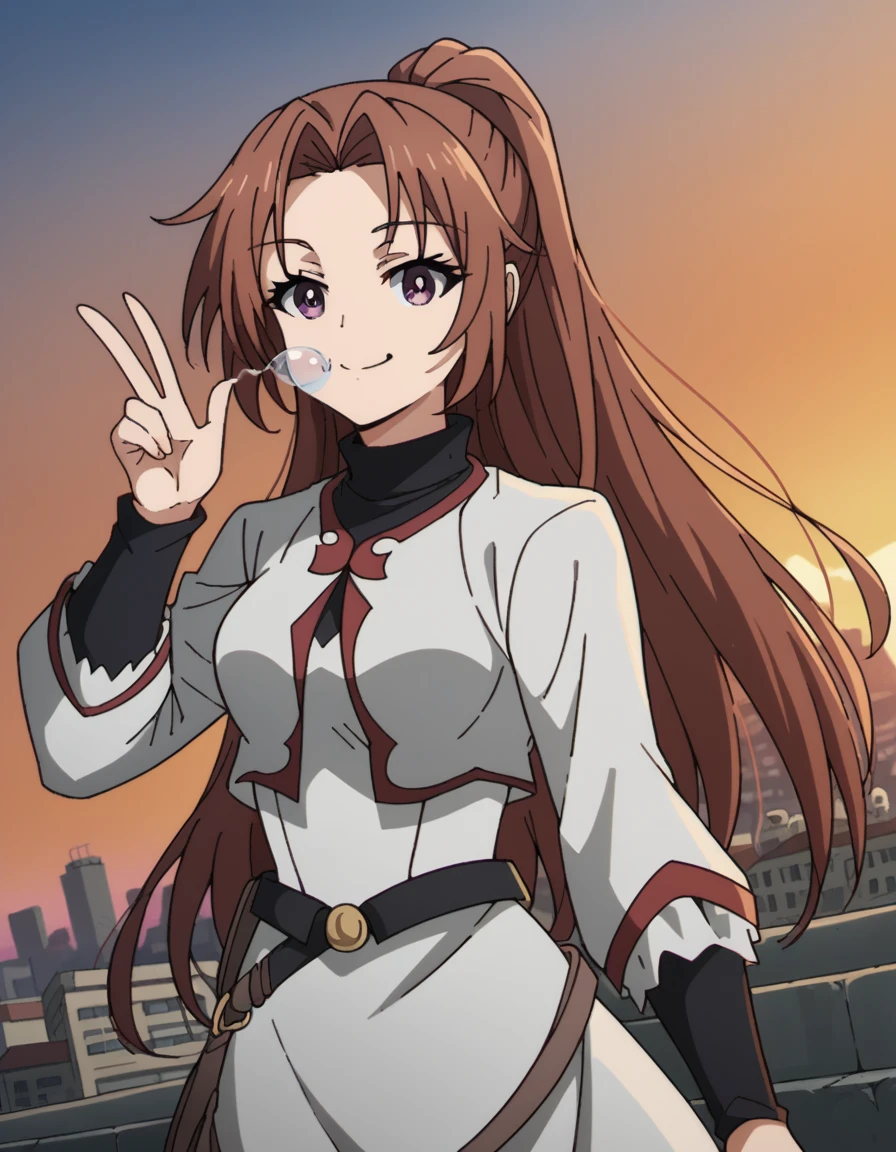 score_9, score_8_up, score_7_up, source_anime, <lora:apprentice-cleric-s2-ponyxl-lora-nochekaiser:1>, apprentice cleric, long hair, brown hair, purple eyes, ponytail, parted bangs, medium breasts,, dress, belt, long sleeves,, rooftop, sunset, cityscape, quiet moment, wind blowing, contemplative, , looking at viewer, v, v over mouth, smug,, solo,, cowboy shot, dutch angle