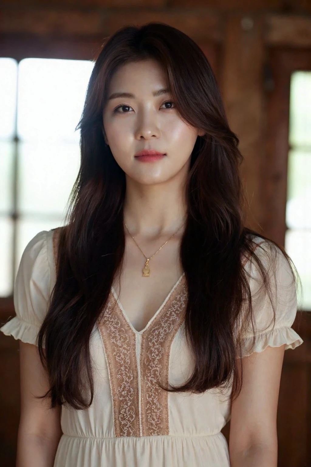 bright photo of beautiful korean girl with long wavy hair wearing bohemian dress, inside a rustic house with windows, necklace, dslr, studio lighting, high quality, film grain, light reflections, blood vessels, pale skin, detailed skin, <lora:flux_realism_lora:1>, <lora:makinaflux_hajiwon_v1.0:1>