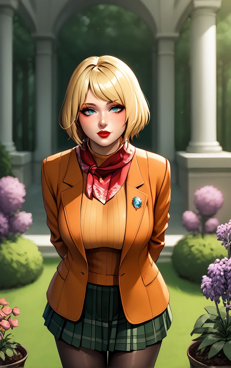 score_9, score_8_up, score_7_up, masterpiece, best quality, absurdres,  solo, BREAK
MainOutfit_Ashley_ownwaifu, 
1girl, blue eyes, short hair, blonde hair, lips, freckles, jewelry, bob cut, necklace, nose, bangs, large breasts, red lips, eyelashes, lipstick, makeup, 
red scarf, brown coat, orange sweater, ribbed sweater, black pantyhose, plaid skirt, green skirt, miniskirt, pleated skirt, turtleneck, blazer, long sleeves, orange jacket, open coat,
(leaning forward, arms behind back), cowboy shot, garden, wisteria, outdoors, <lora:PONYXL_ResidentEvil4Remake_Ashley_ownwaifu:0.85> , depth of field