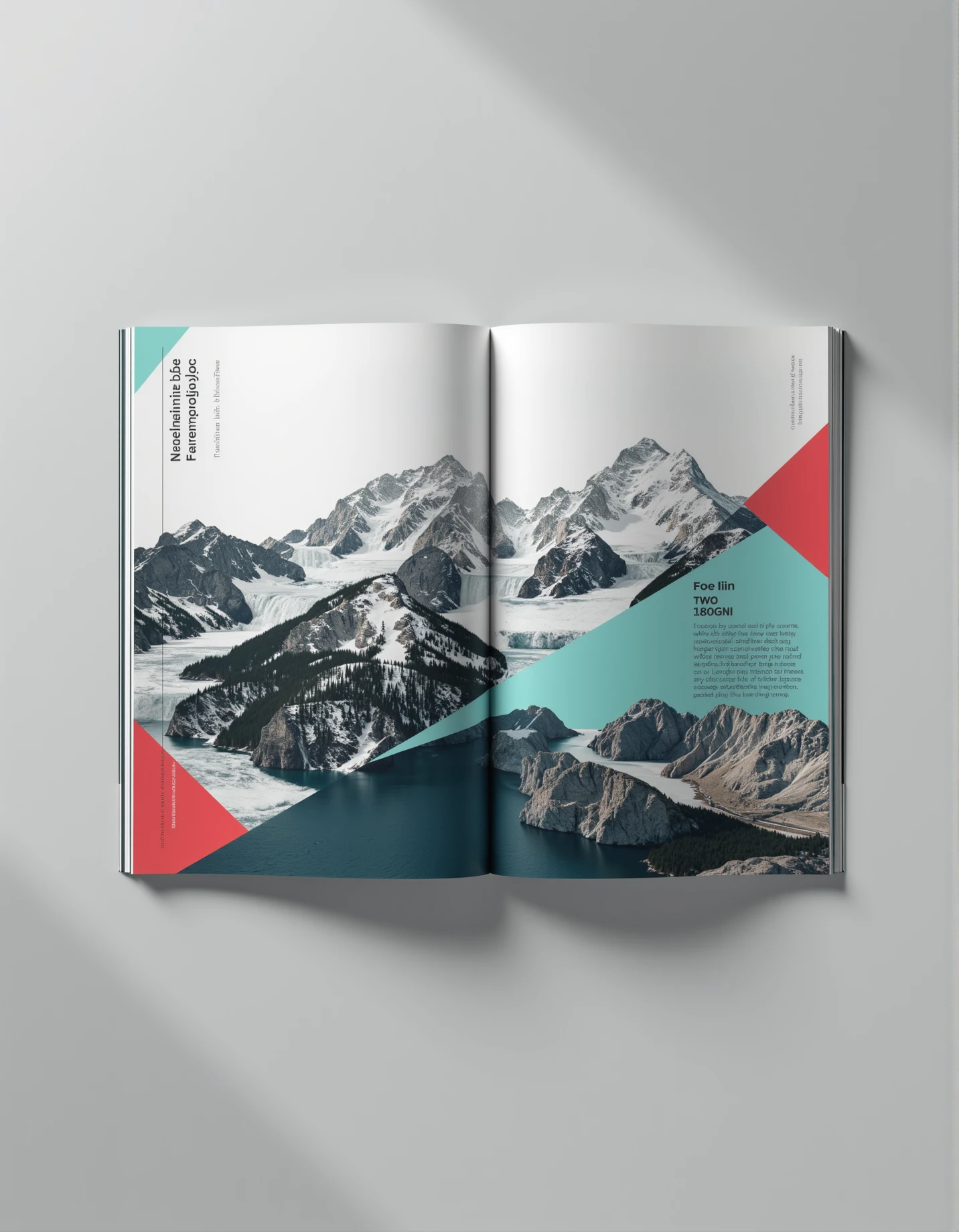 Graphic design mockup for a brochure, a mountain in the background, a pop of color across the two pages (full spread), a realistic mockup image.
 <lora:Swiss_Design:0.8> sw1ssdes1gn