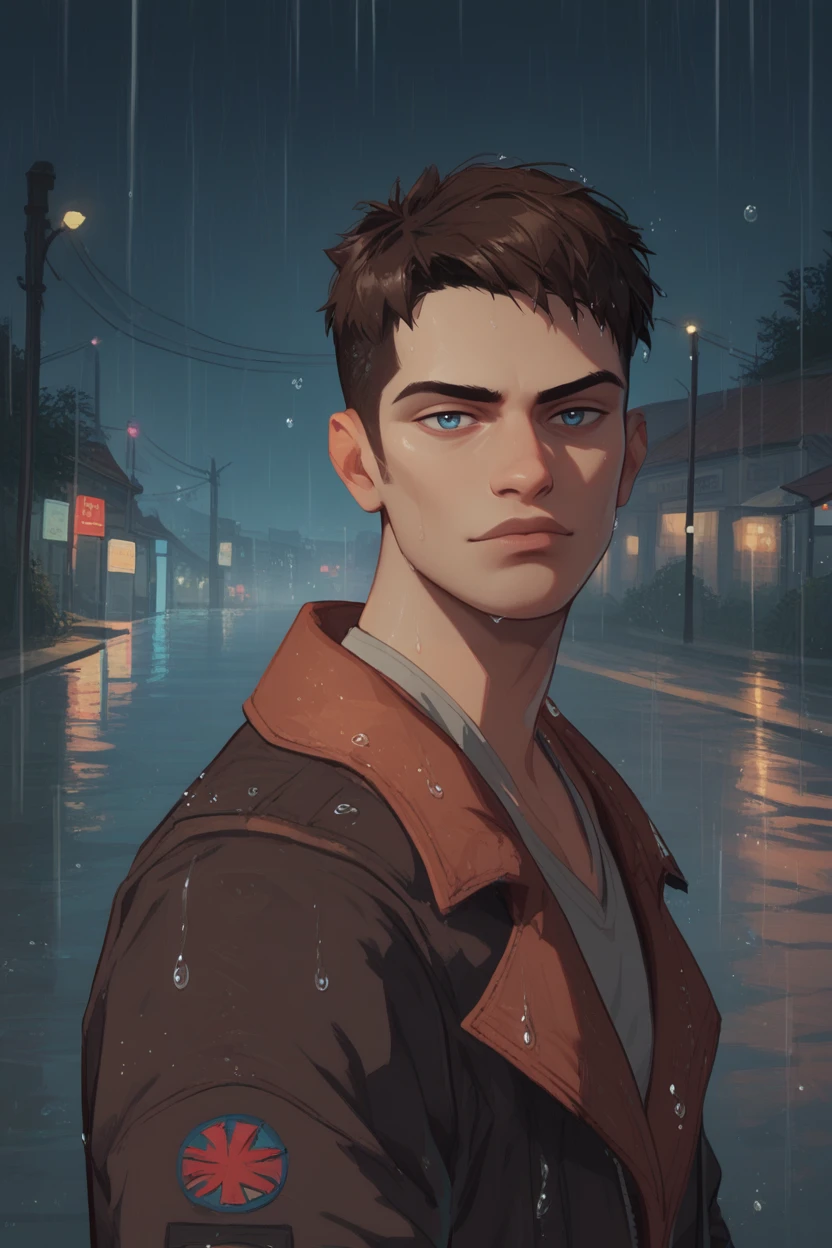 score_9, score_8_up, score_7_up, score_6_up
<lora:DmCDante:0.8>
DmCDante, 1boy, short hair, brown hair, blue eyes, looking at viewer, standing in a rain-soaked street at night, wearing a trench coat, water droplets glistening, moody and cinematic, city lights reflecting in puddles