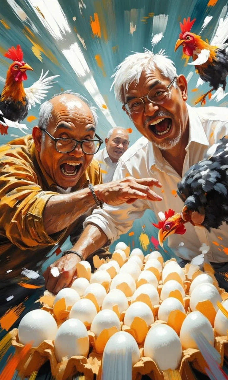 A group of Asian seniors frantically fighting for eggs, with highly expressive exaggerated expressions and scrambling movements, in the supermarket, with hens and feathers flying around<flux.1_lora_flyway_ink-dynamic.safetensors:1.2:1.2>