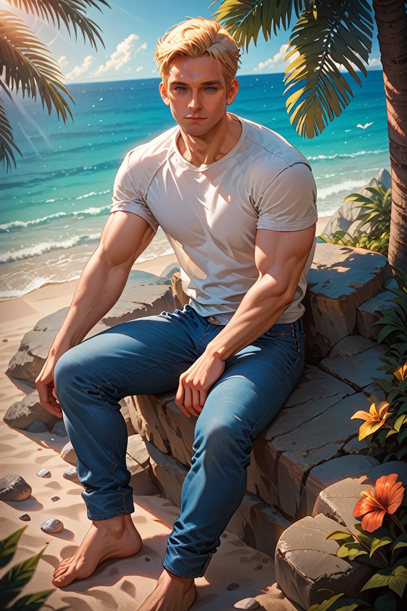 score_9, score_8_up, score_7_up, score_6_up
<lora:TBHomelander:0.8>
TBHomelander, 1boy, blonde hair, short hair, blue eyes looking at viewer, male model in a white t-shirt, sitting on a beachside rock, jeans rolled up, barefoot, gazing at the horizon, soft sunlight, serene expression