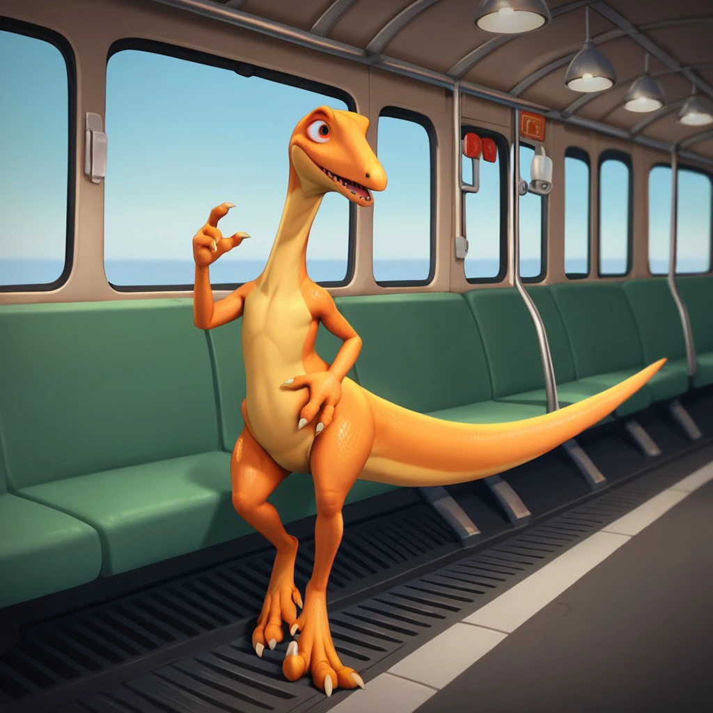 score_9, score_8_up, score_7_up, score_6_up, score_5_up, score_4_up, source_furry, dtmrconductor, feral, male, troodon, theropod, orange skin, walking through a train car, <lora:a2cce901-dad6-43e7-ab66-fbefc3ce93bd:0.7>