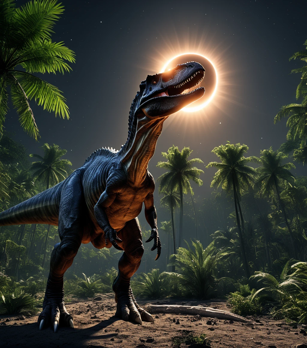 <lora:3cl1p53_01XL-000008:1.1>,(3cl1p53 style),a RAW photograph of (3cl1p53 eclipse:0.9) (rising high in the sky above),a (tyrannosaurus dinosaur) in a jungle at night,surrounded by bright solar corona,HDR,(wide angle shot),sharp focus,(highly detailed),(8k wallpaper),intricately detailed,highres,absurdres,hyper realistic,8K UHD DSLR,IMAX,extremely intricate,4k textures,cinematic look),hyperdetailed