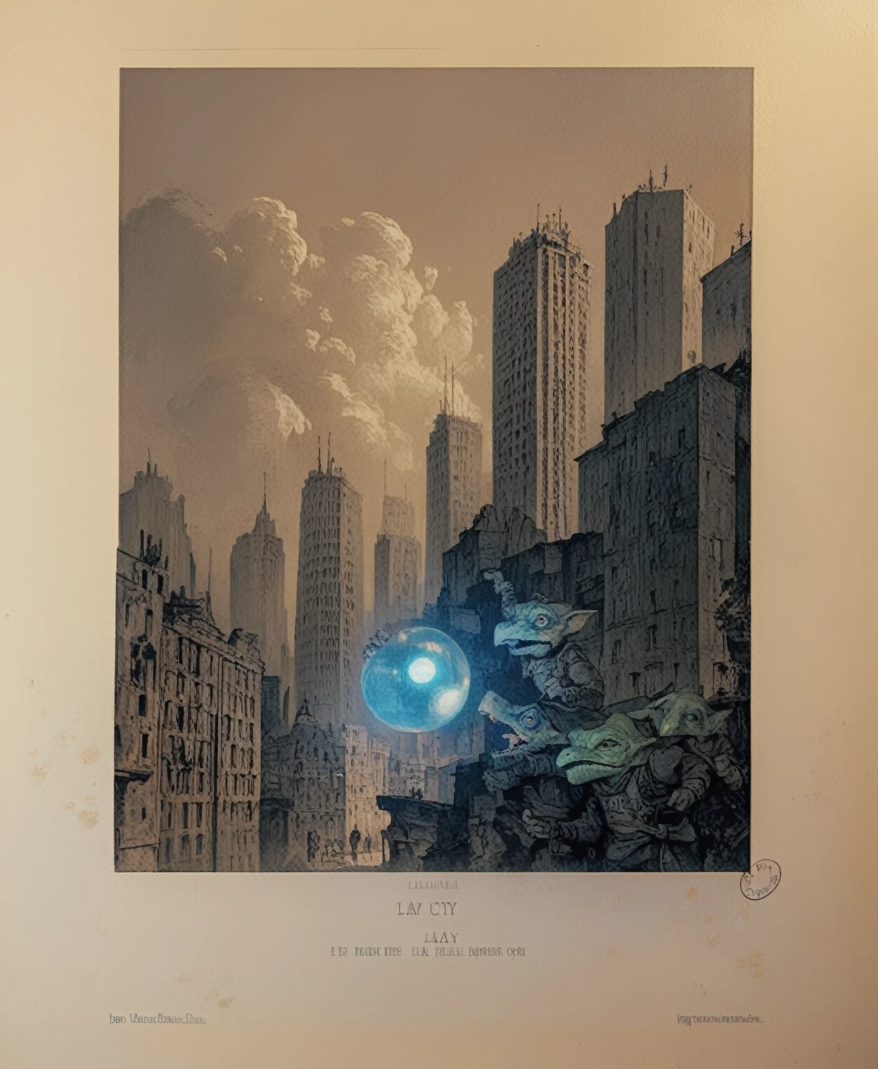 <lora:maxime-lalanne_pony_v1:1> ' city ' by LalanneMaxime in 1860 ,landscape \(genre\),Realism \(style\), Gremlin,Possessing humans,Shining crystal orb, score_9, score_6_up, score_7_up