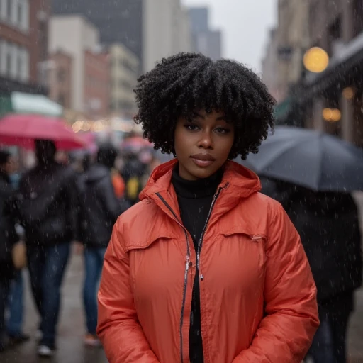 Santassweetest, realistic, ebony, instagram personality, closed rain coat, crowded background, raining, black hair, outdoors, Neutral expression,