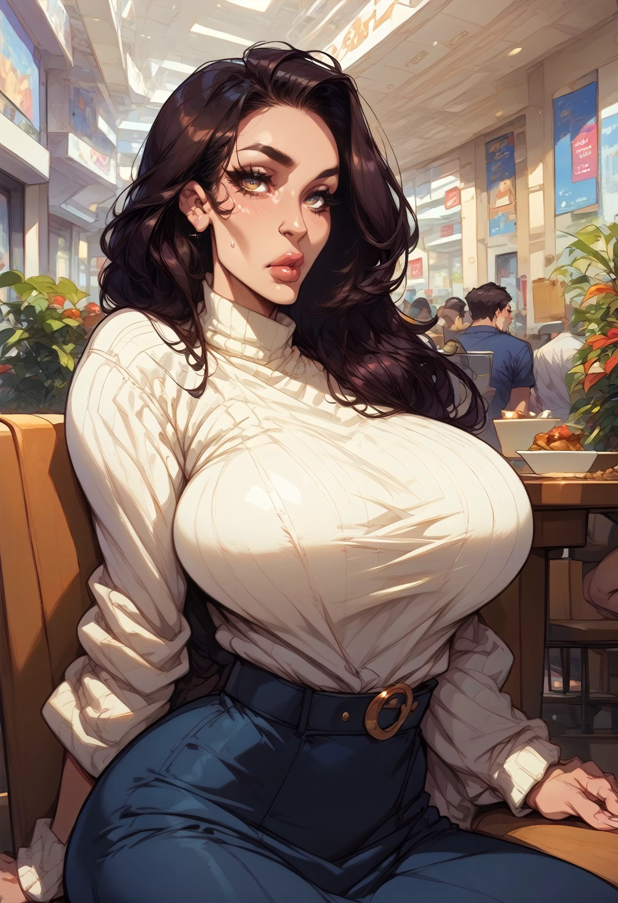 sweatermilf, 1woman, eye shadow, dark hair, eye liner, sitting on a chair, at cafe, at a mall atrium, indoors, mall, Score_9, score_8_up, score_7_up, EXPRESSIVEH, <lora:Expressive_H:0.8>, <lora:ComicsPonyXL_V2:0.35>, <lora:SweaterMilf:0.85> <lora:RampageLycoXL:0.25> <lora:cherry_mouse_street_pony:0.8>