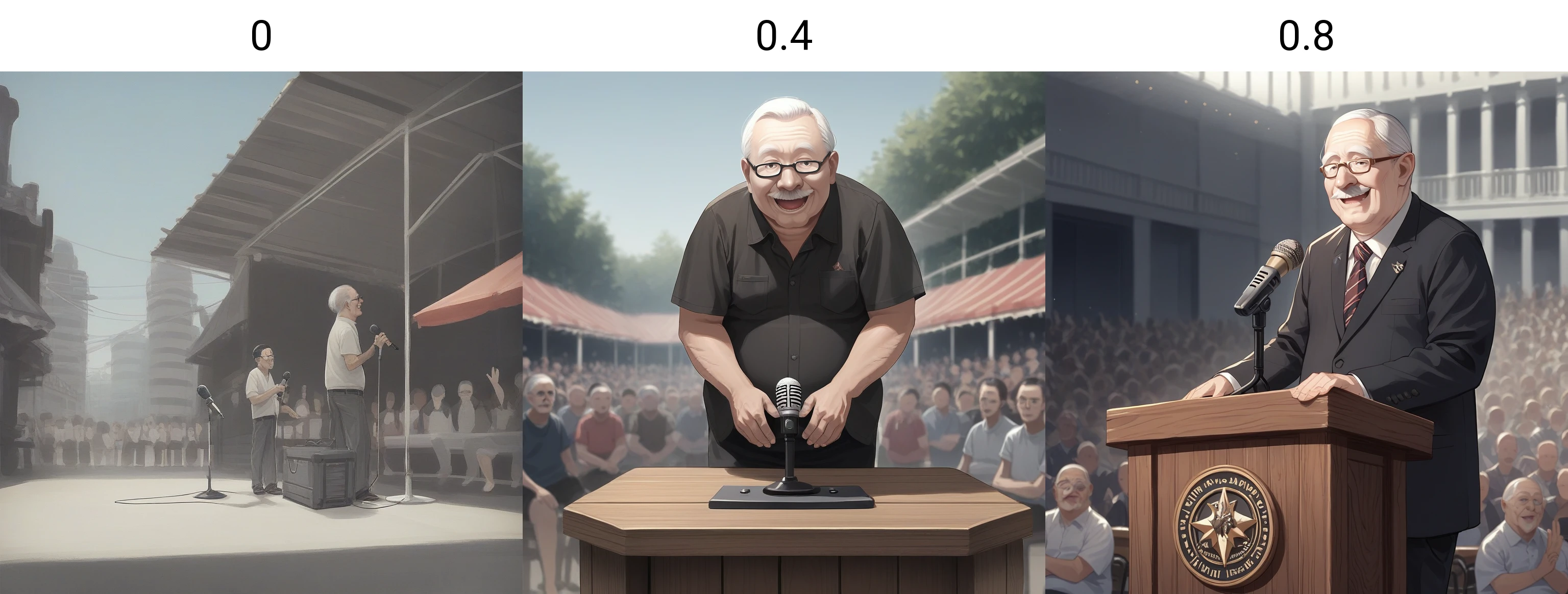 score_9, score_8_up, score_7_up, score_6_up, score_5_up, score_4_up, zPDXL2,source_anime,rating_questionable,  <lora:Podium:0> Pod1um, wooden podium, microphone, 1boy, old man, smile, crowd