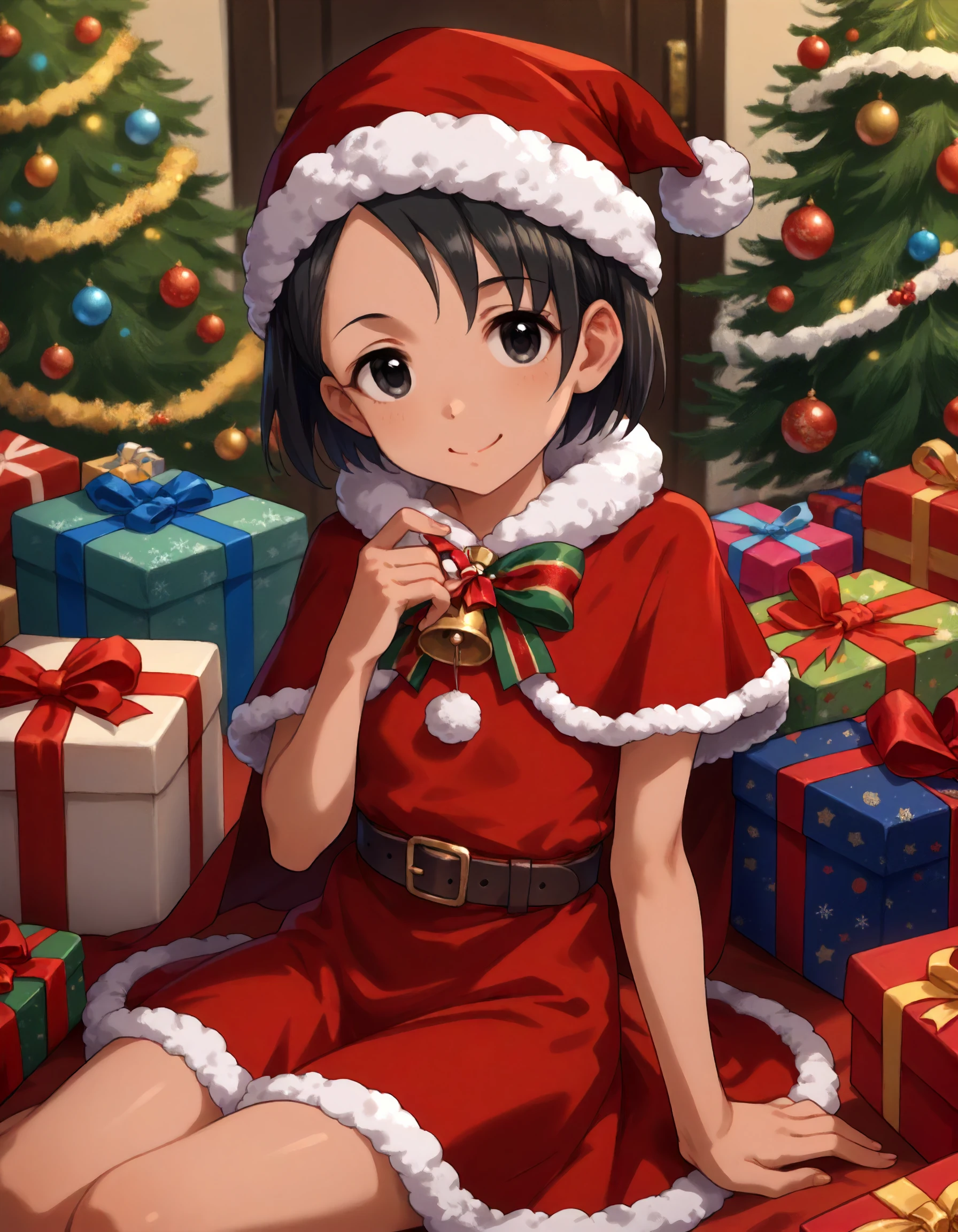 score_9,score_8_up,score_7_up,1girl,solo,sitting,looking at viewer,smile,gift box,
<lora:sasakichie_ponyXLV6:0.8>,cgsce,
black hair,short hair,black eyes,flat chest,
santa hat,fur trim,red capelet,red dress,belt buckle