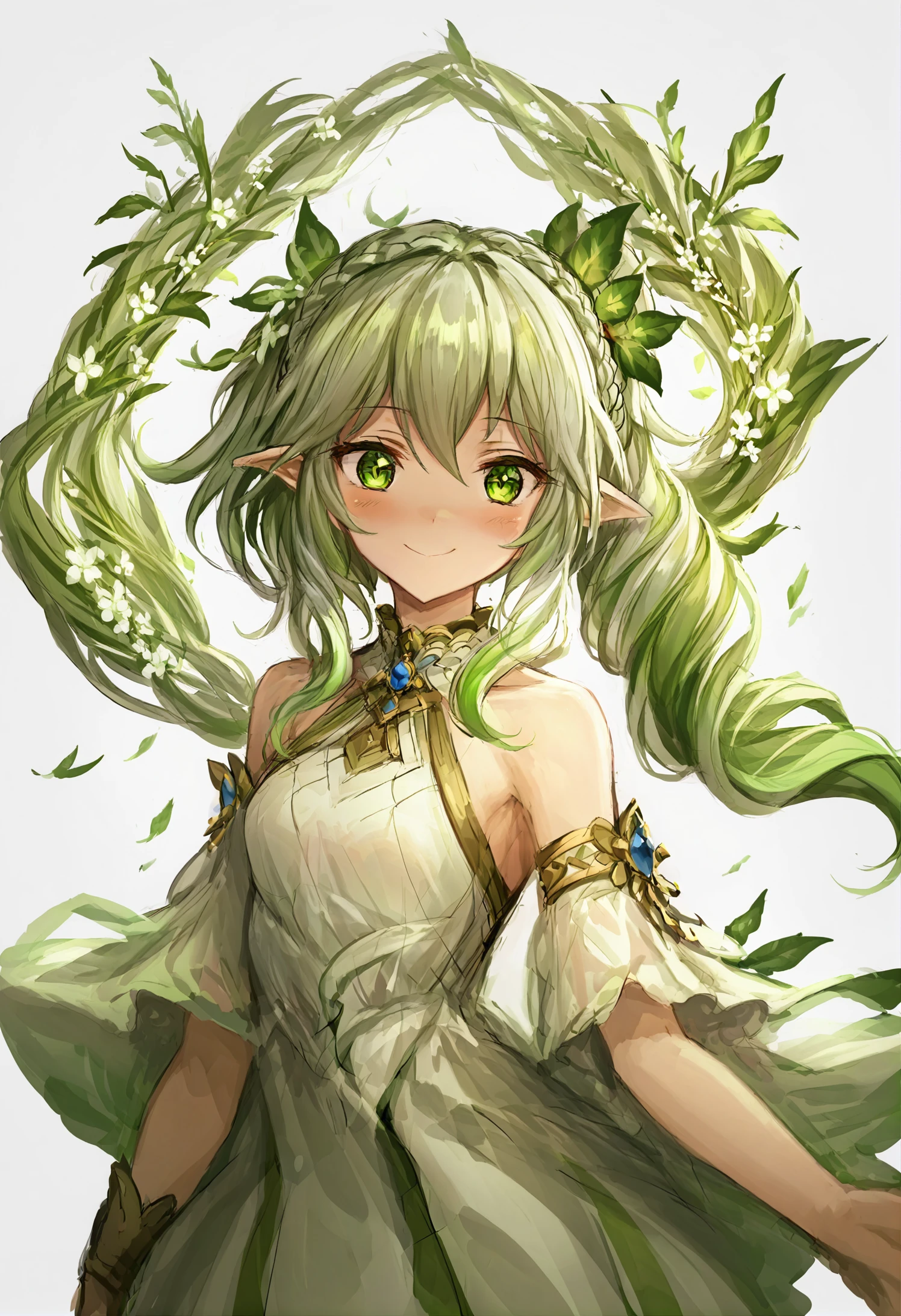 1girl, nahida \(genshin impact\), 
solo, white background, green eyes, simple background, looking at viewer, side ponytail, hair ornament, symbol-shaped pupils, portrait, pointy ears, hair between eyes, closed mouth, multicolored hair, white hair, green hair, long hair, cross-shaped pupils, leaf hair ornament, dress, gem, jewelry, sleeveless dress, single braid, gold trim, sidelocks, sleeveless, gradient hair, blue gemstone, flower-shaped pupils, smile, blush, white dress, bare shoulders, detached sleeves, braid, green sleeves,
.
masterpiece, best quality, score_9, score_7_up, score_6_up
 <lora:lm7XLlokr4f-000187:0.95>