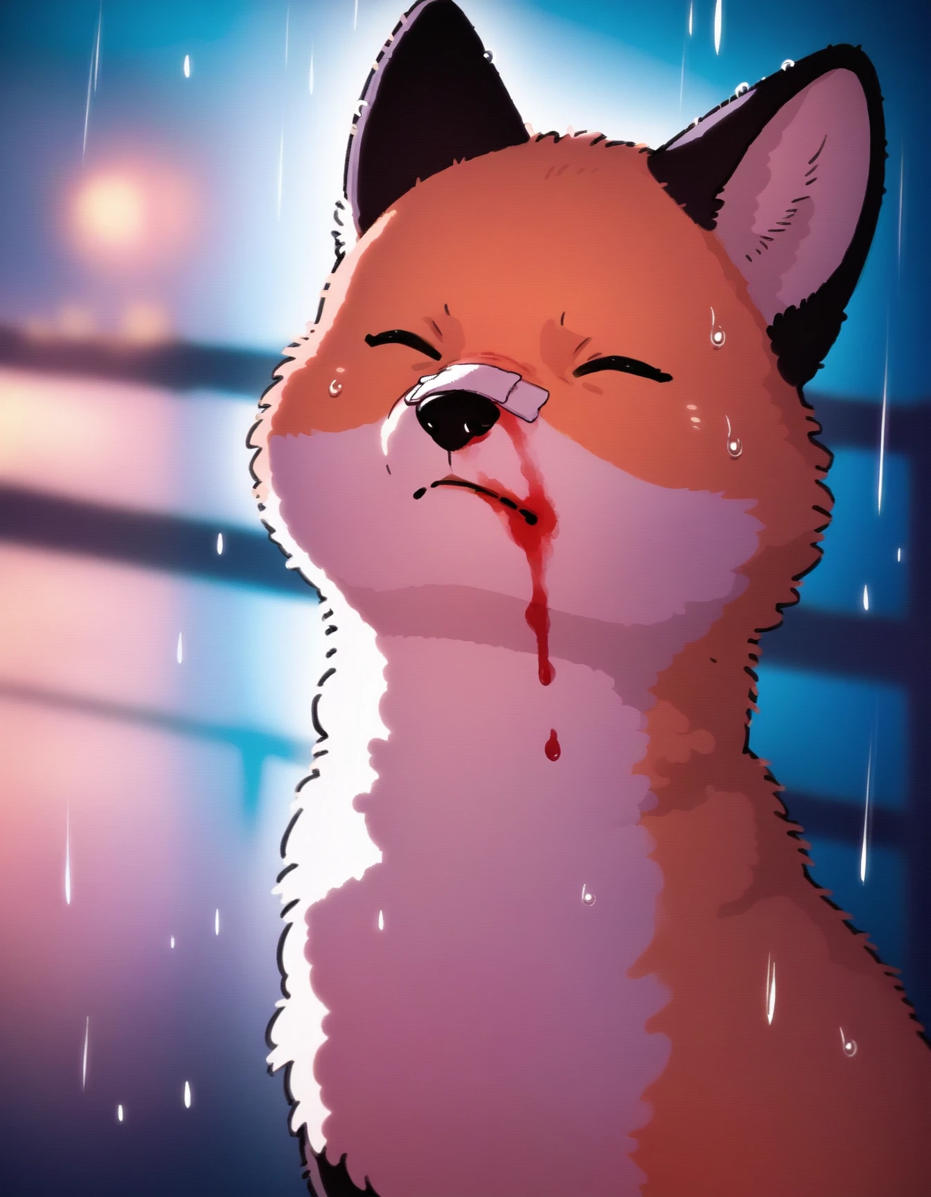 score_9, score_8_up, score_7_up, score_6_up, score_5_up, score_4_up, solo, feral
Numsiri_fox, black nose, closed eyes, orange fur, tail, bandaid on nose, blurry background, pink lighting, night, dark, pink theme, blood on face, rain, closed mouth, sad face, pain, portrait
 <lora:YouLookLonelyXL_byKonan:1>
 <lora:Numsiri_fox_XL:0.9>