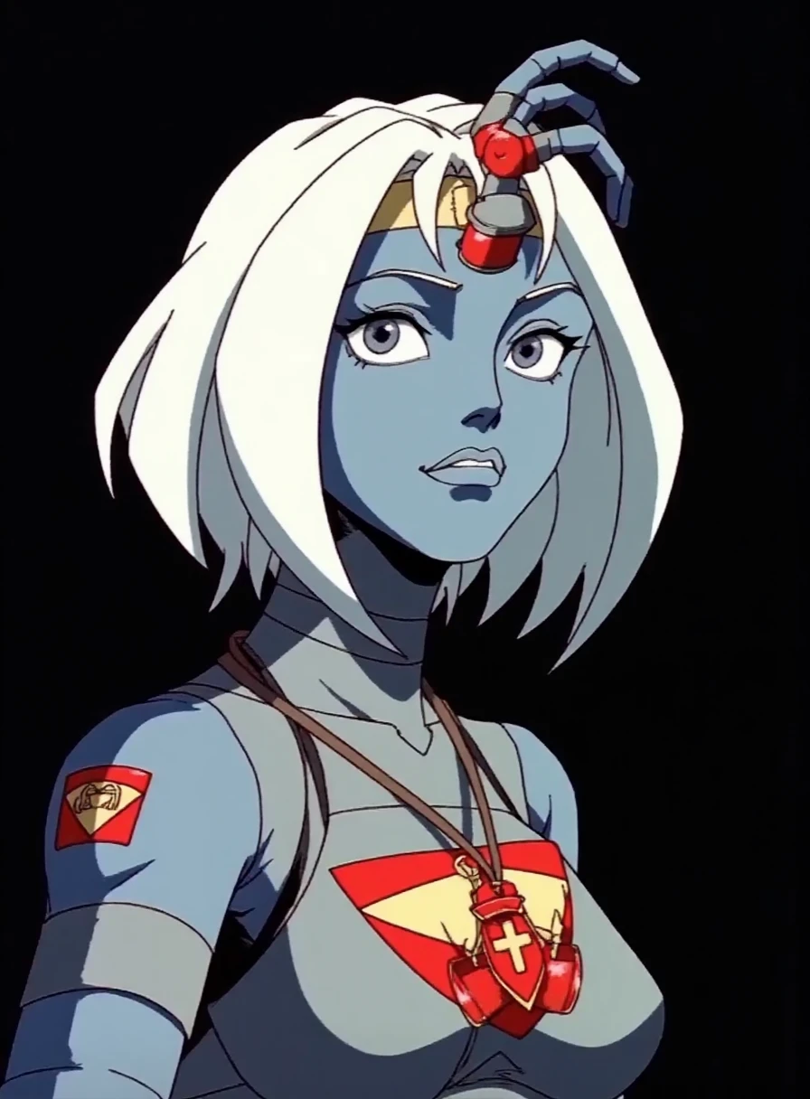 portrait of nefertina cartoon figure, white hair and bluish grey skin, wearing dinobot helmet, black background