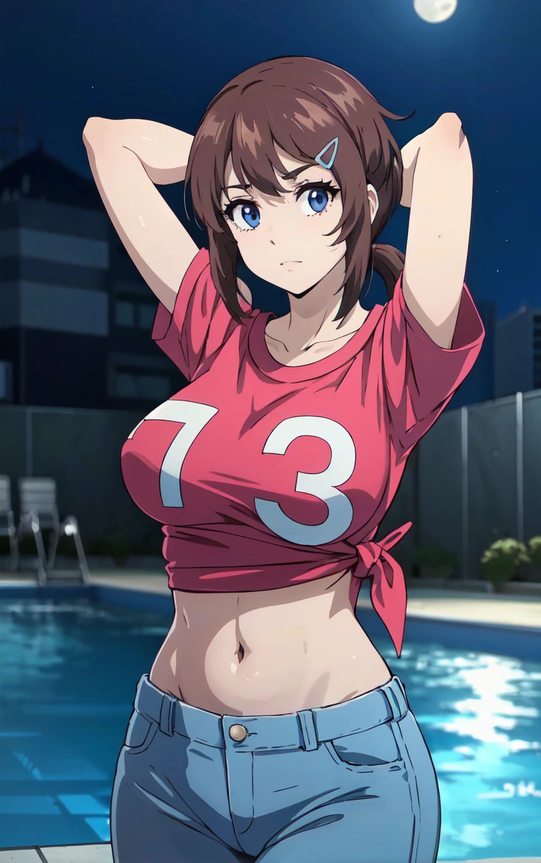 (masterpiece, best quality:1.4), insaneres, absurdres, solo, looking at viewer, BREAK 
PinkTshirt_MegumiSaito_ownwaifu, 
1girl, brown hair, navel, hair ornament, midriff, tied shirt, hairclip, large breasts, denim, groin, jeans, short hair, short sleeves, pants, ponytail, blue eyes, t-shirt, collarbone, print_shirt, clothes_writing,
(contrapposto, arms behind head), neon_lights, cityscape, night, pool, full moon, outdoors, <lora:ANIME_HighRiseInvasion_MegumiSaito_ownwaifu:0.9> , depth of field 
,