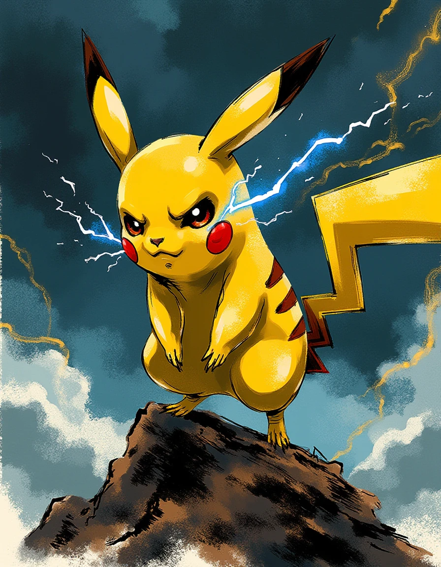 In a breathtakingly detailed digital drawing inspired by the iconic style of Yoji Shinkawa, we encounter Pikachu reimagined as a fierce yet charming warrior. The figure is captured amidst a roiling storm, the dynamic brushstrokes portraying electrifying energy coursing through its tiny body. Fluid, gestural lines vary in thickness, illustrating motion as Pikachu stands firmly on a jagged rock, its bright, expressive eyes locked in a determined gaze.

The background is a chaotic whirlwind of dark clouds, painted with rough, textured lines that evoke the raw fury of nature while contrasting with Pikachu’s vibrant yellow fur. Selective accents of color, such as electric blue patches, infuse life into the scene, drawing attention to the sparks emanating from Pikachu’s cheeks. High contrast between light and dark enhances the electrical charge in the air, with bold areas of negative space framing this tiny titan.

Pikachu’s pose is exaggerated and dynamic, suggesting a readiness to unleash its powers, with tiny claws poised forward. The artist employs imperfect forms through intentional rough strokes and incomplete detail, adding spontaneity to the character’s fierce demeanor. Layers and textures intertwine, combining hatching and brush strokes, creating a captivating depth that invites the viewer to explore every nuance of fur and muscle.

Amidst this controlled chaos, the composition flows with a rhythmic balance, leading the viewer’s eye along the energetic arcs of electricity that dance around Pikachu. This depiction not only highlights its iconic features but also allows for a rich tapestry of interpretation, where emotion and motion converge in a memorable portrayal.