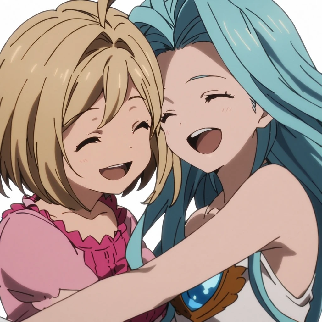 best quality, simple background, white background, 
hug, jumping, smile, closed eyes, open mouth, upper body, 
2girls, yuri, (chibi:0.5), 
lyria \(granblue fantasy\), very long blue hair, ahoge, white sleeveless dress, 
djeeta \(granblue fantasy\), blonde short hair, pink shirt, 
<lora:JitaRuri-XL:1> jitaruri, (anime coloring:1),